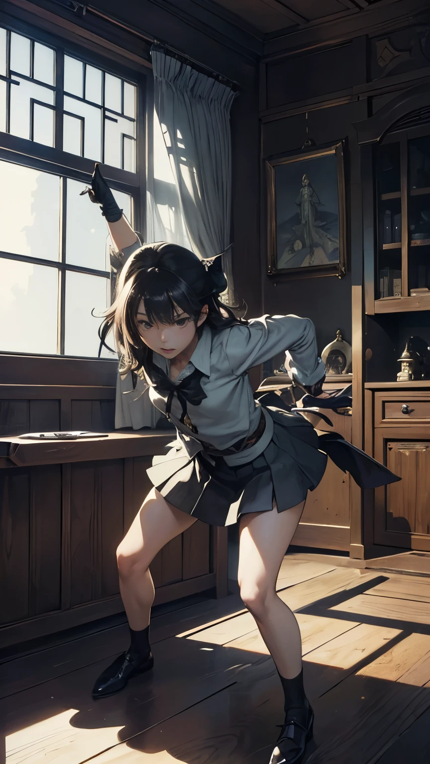 Maurice Sendak, Arthur Rackham, Kaori Ozaki, Ludovic Debeurme, Surrealism Mysterious Weird Fantastic Fantasy Sci-Fi, Japanese Anime, Mini Skirt Beautiful Girl, perfect voluminous body, dynamic action poses, Zashikiwara's House, Lost Room, detailed masterpiece Hyper realistic 