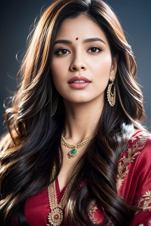 Portrait of A confident-looking indian woman with long flowing hair, hazel eyes, with flowing capes, perfect composition, hyperrealistic, super detailed, 8k, high quality, trending art, trending on artstation, sharp focus, studio photo, intricate details, highly detailed, art by greg rutkowski