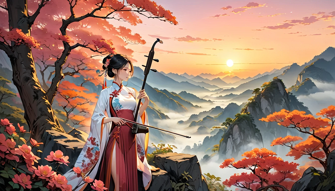 (((From diagonally left behind))), One girl,Playing erhu,Holding an Erhu,(((masterpiece,Highest quality))),((Good structure,Good composition,Good Atomy)), ((clear, original,beautiful)),She is dressed in elegant traditional Chinese clothing, such as a qipao or hanfu which flows beautifully as she plays.The background features a majestic scene of misty Chinese mountains at dawn, with the sky painted in warm hues of orange, pink, and gold, creating a serene and enchanting atmosphere. soft, ethereal lighting enhances the landscape, highlighting the beauty of the moment as the sun rises