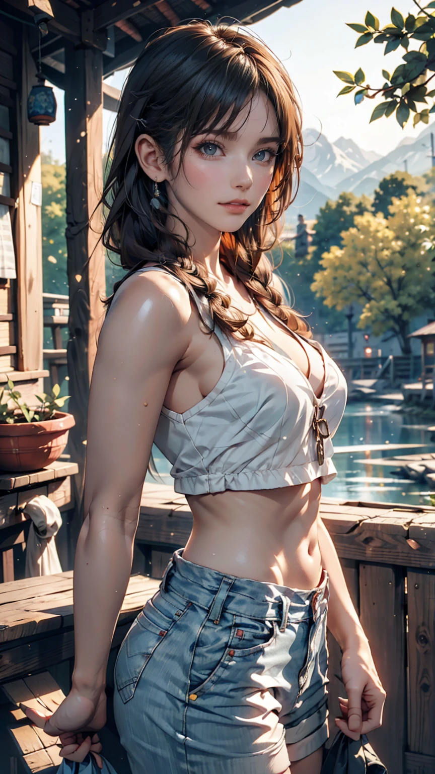 landscape, summer, Clear Stream, forest, unmanned, river, blue sky, Nobody, Distant Mountain々, HD detailed, Super detailed, movie, Hyperrealism, Soft Light, Deep Focus Bokeh, Ray Tracing, Hyperrealism. , アートステーション pixiv Gwise, Makoto Shinkai, ArtJam、24-year-old woman、Multi braid((multiple braids))、Silver Hair、Sexy proportions、Narrow waist