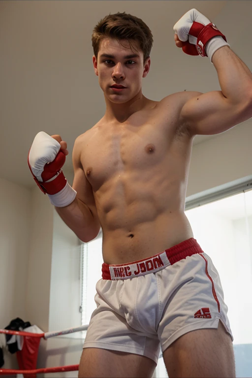 18 year old white boy, with a red jockstrap, boxing,backwards