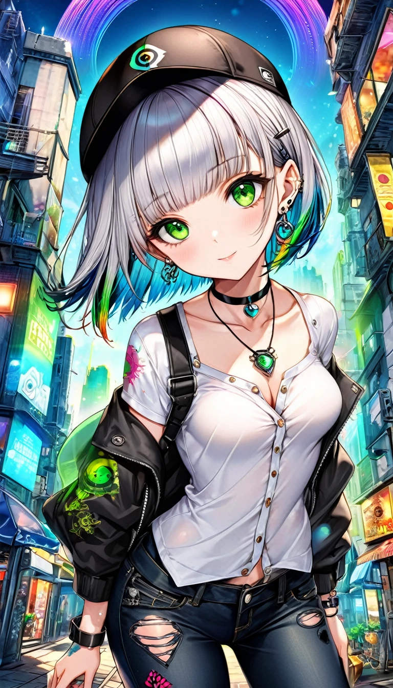 seamless image fusion, cute woman, amorous and lewd face, make-up, glossy smooth silver short bob cut, blunt bangs, covered in tattoos, great proportion, shiny big green eyes, background kaleidoscope of ruined cityscapes, analyzers, labs, and more, with mix of stonepunk, firepunk, and waterpunk, rainbow colored cosmic rays, Cafe Terrace, shading effects, gradation magic effects, (ultra detailed, absolutely resolution, best quality:1.3), 2.5D, delicate and dynamic, artistic photography, hyper realistic, graphic CG digital art, wearing unbuttoned loose white shirt, necklace, black ring earrings, black choker, black baseball cap, black slim and tight distressed jeans, black chunky engineer boots