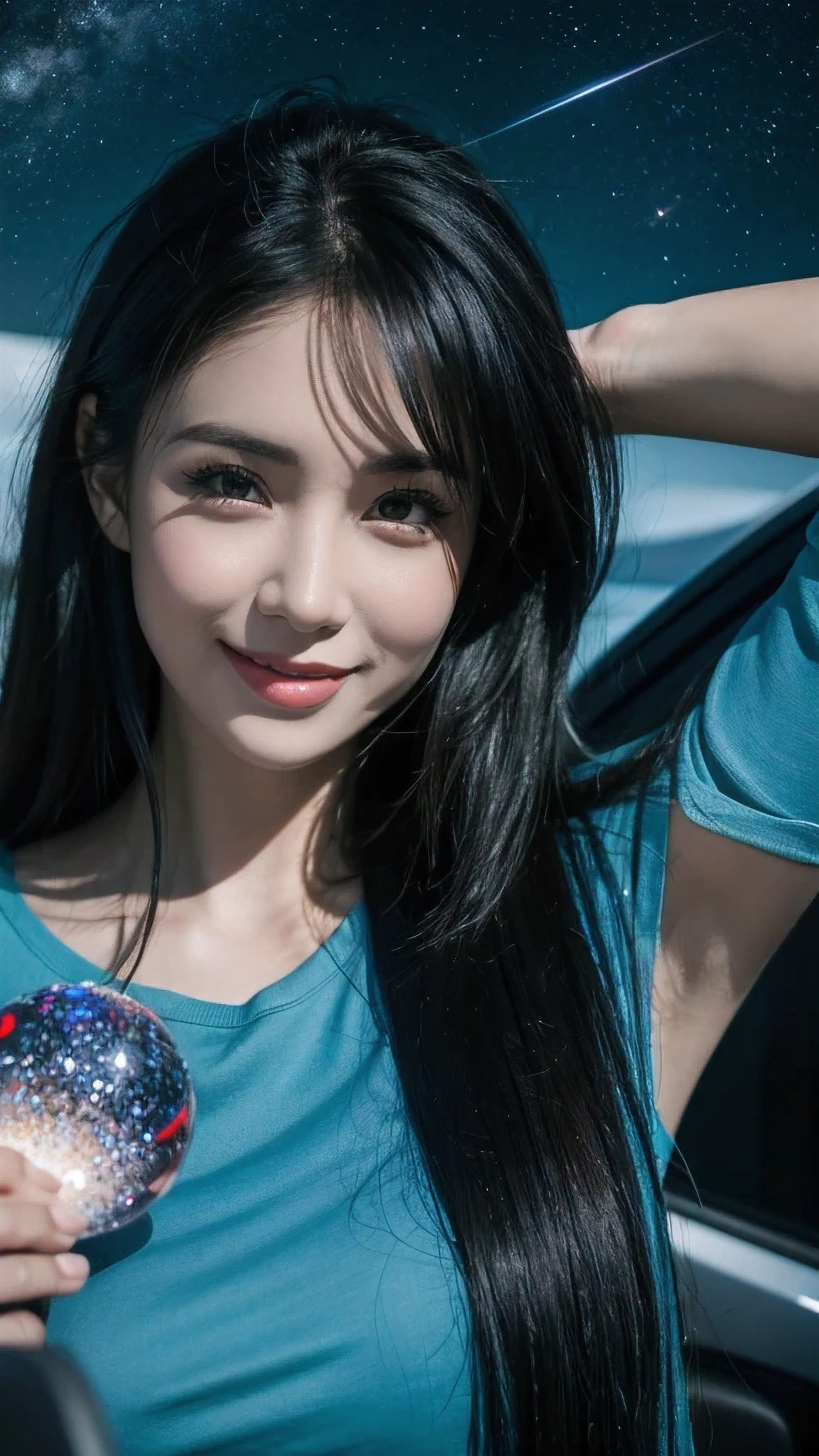 a beautiful asian girl with black hair, she wear a pull to bif for her, smiling warmly under the starry night sky, ultra detailed realistic face, ultra detailed realistic background, cinematic lighting, dramatic colors, 8k, photorealistic, hyperrealistic, masterpiece, award winning, intricate details, highly detailed, sharp focus, volumetric lighting, chiaroscuro, vibrant colors, complex environment, dynamic composition, dramatic atmosphere, ethereal, mystical