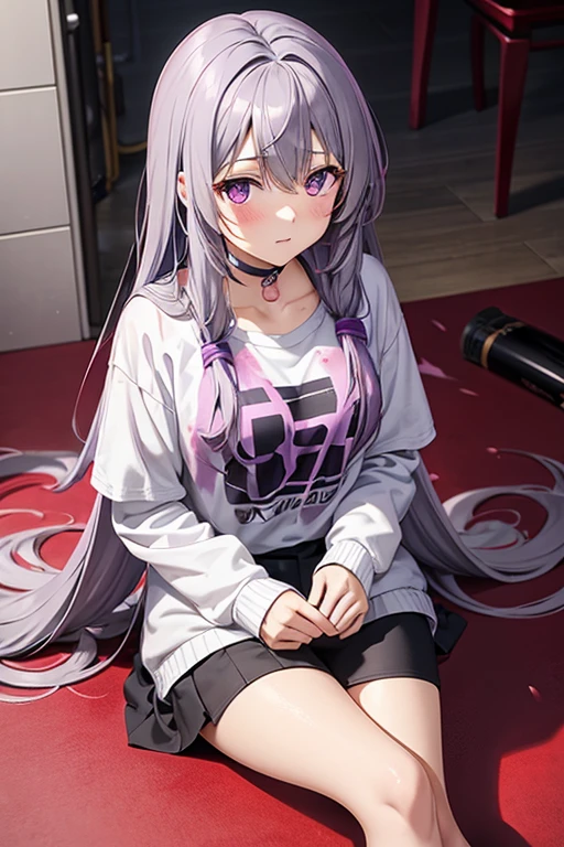 Adult Anime Girl 2d Long Hair Loose light Purple-Grayish, Age Adulthood adult, sitting in the floor, with so much red paint everywhere, suffering 