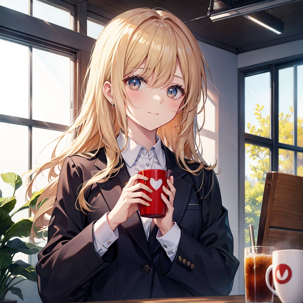 1 female((Hall々Behave with dignity, cool)), masterpiece, Highest quality, Very detailed, alone, indoor, (noon), machine,office , (performer, moon) Calm, smile,  Mug, loafers, tie, suit, Have, Mug,  (View the viewer:1.2) (Skin Texture) (Film Grain:1.3), (Warm shades, Warm Tones)