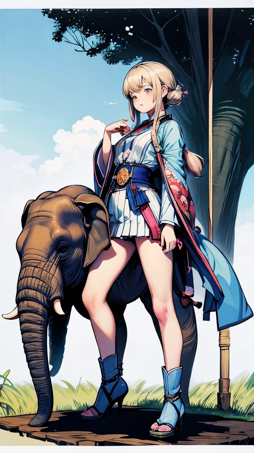 Anne Anderson, Lawson Wood, Heath Robinson, Éric Hérenguel, katsuhiro Otomo, Surrealism Mysterious Weird Fantastic Fantasy Sci-Fi, Japanese Anime, Miniskirt Beautiful High School Girl and cute miniature Pet Elephant, perfect voluminous body, elephant is small enough to stand in the girl’s palm, detailed masterpiece