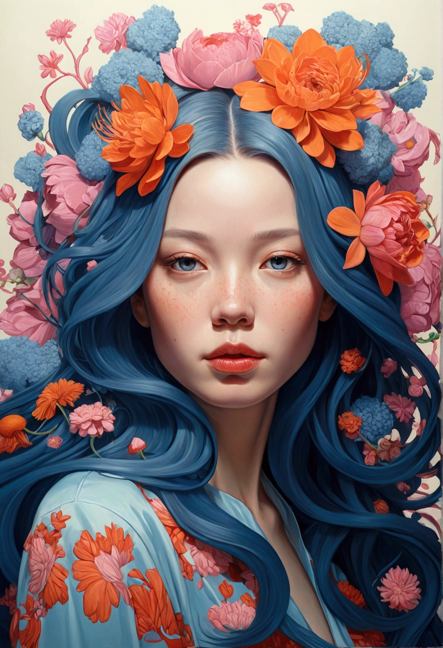 Painting of a woman with long hair and flowers, Ultra-fine detailed paintings inspired by James Jean, Reddit, neo-fauvism, James Jean and Petra Cortright, James Jean Mark, JamesJean」, James Jean Andrey Ryabovitchev, Kilian Eng: Vivid Colors, James Jean Soft Light 4K, Kilian Eng: Vivid Colors