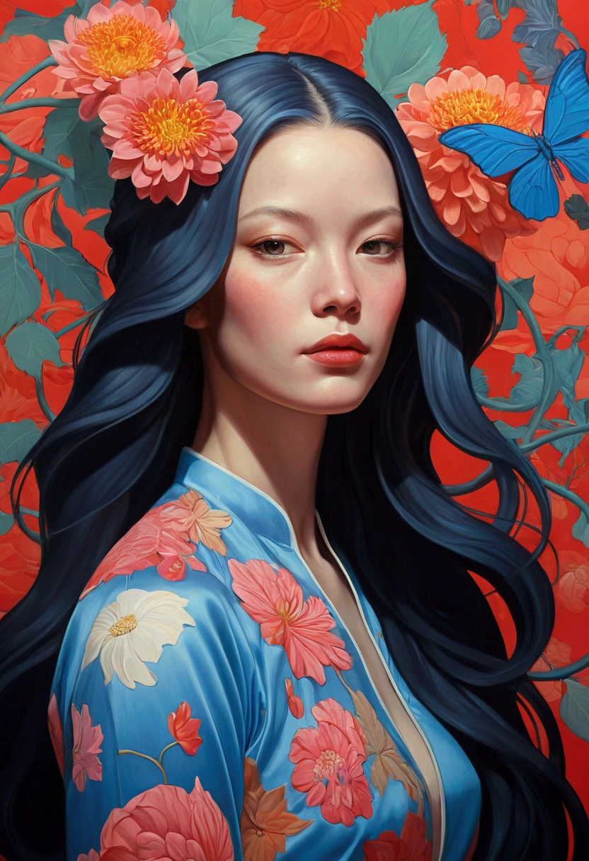 Painting of a woman with long hair and flowers, Ultra-fine detailed paintings inspired by James Jean, Reddit, neo-fauvism, James Jean and Petra Cortright, James Jean Mark, JamesJean」, James Jean Andrey Ryabovitchev, Kilian Eng: Vivid Colors, James Jean Soft Light 4K, Kilian Eng: Vivid Colors