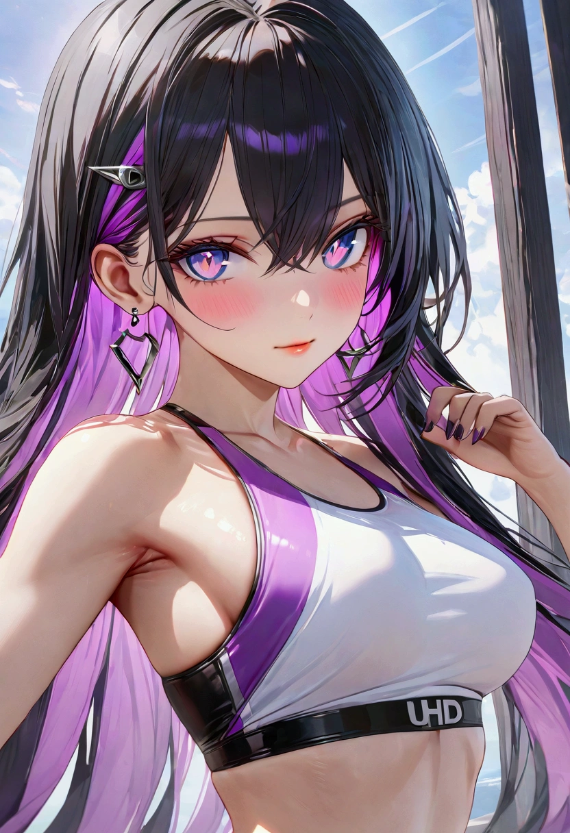 black hair, colored inner hair, purple hair, purple eyes, diamond-shaped pupils, slender and athletic built, UHD, masterpiece, super detail, best quality, 8k
