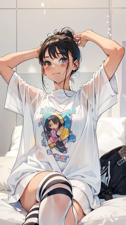girl, Sweat, vapor, Mid-chest, shy, Detailed hands, View your viewers, A light smile,