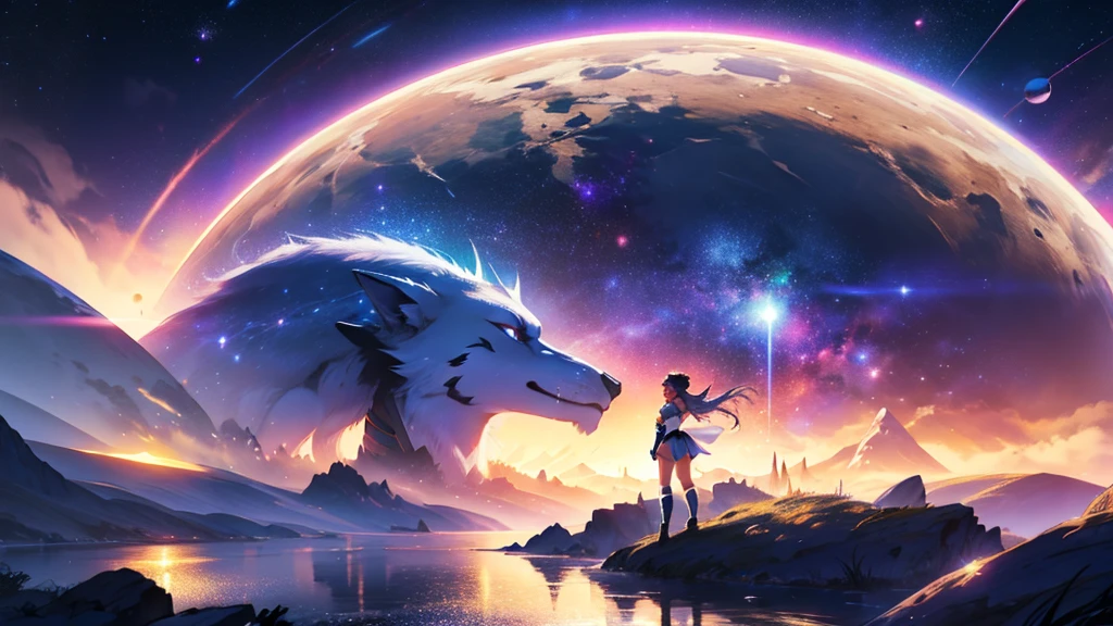 1 men,big muscle,big tricep,in sailor moon uniform, galaxy, planet, fantasy , landscape ,4K, Ultra Detail, particle light