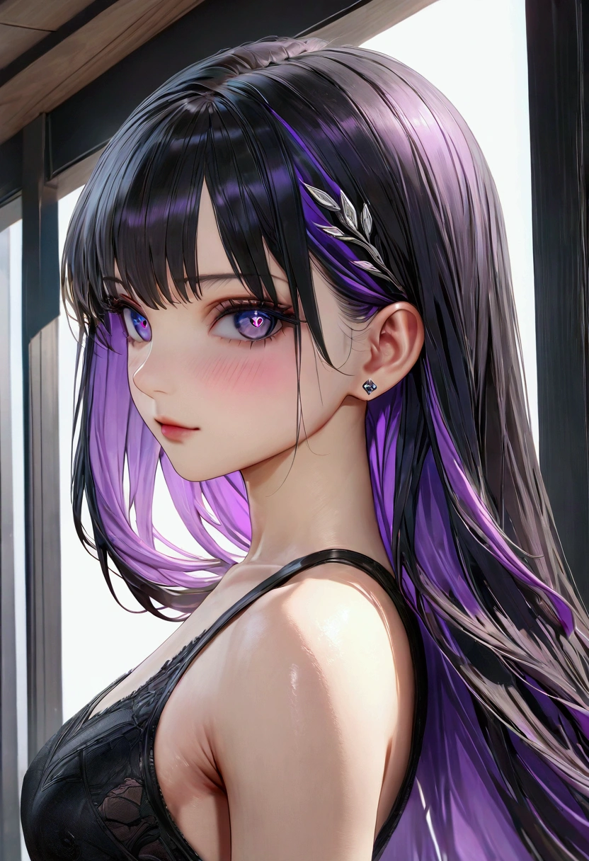 black hair, colored inner hair, purple hair, purple eyes, diamond-shaped pupils, slender and athletic built, UHD, masterpiece, super detail, best quality, 8k,realistic