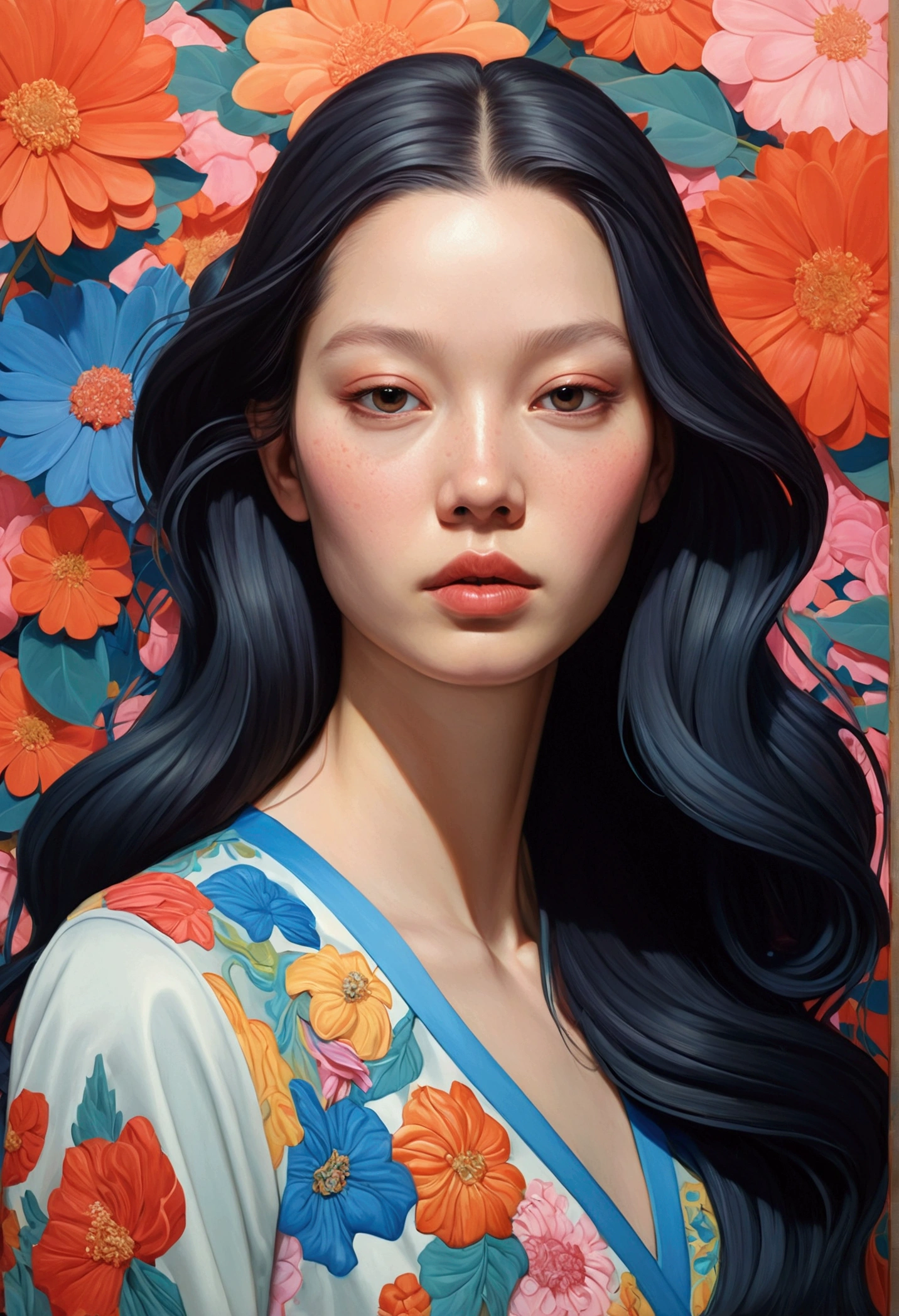 Painting of a woman with long hair and flowers, Ultra-fine detailed paintings inspired by James Jean, Reddit, neo-fauvism, James Jean and Petra Cortright, James Jean Mark, JamesJean」, James Jean Andrey Ryabovitchev, Kilian Eng: Vivid Colors, James Jean Soft Light 4K, Kilian Eng: Vivid Colors