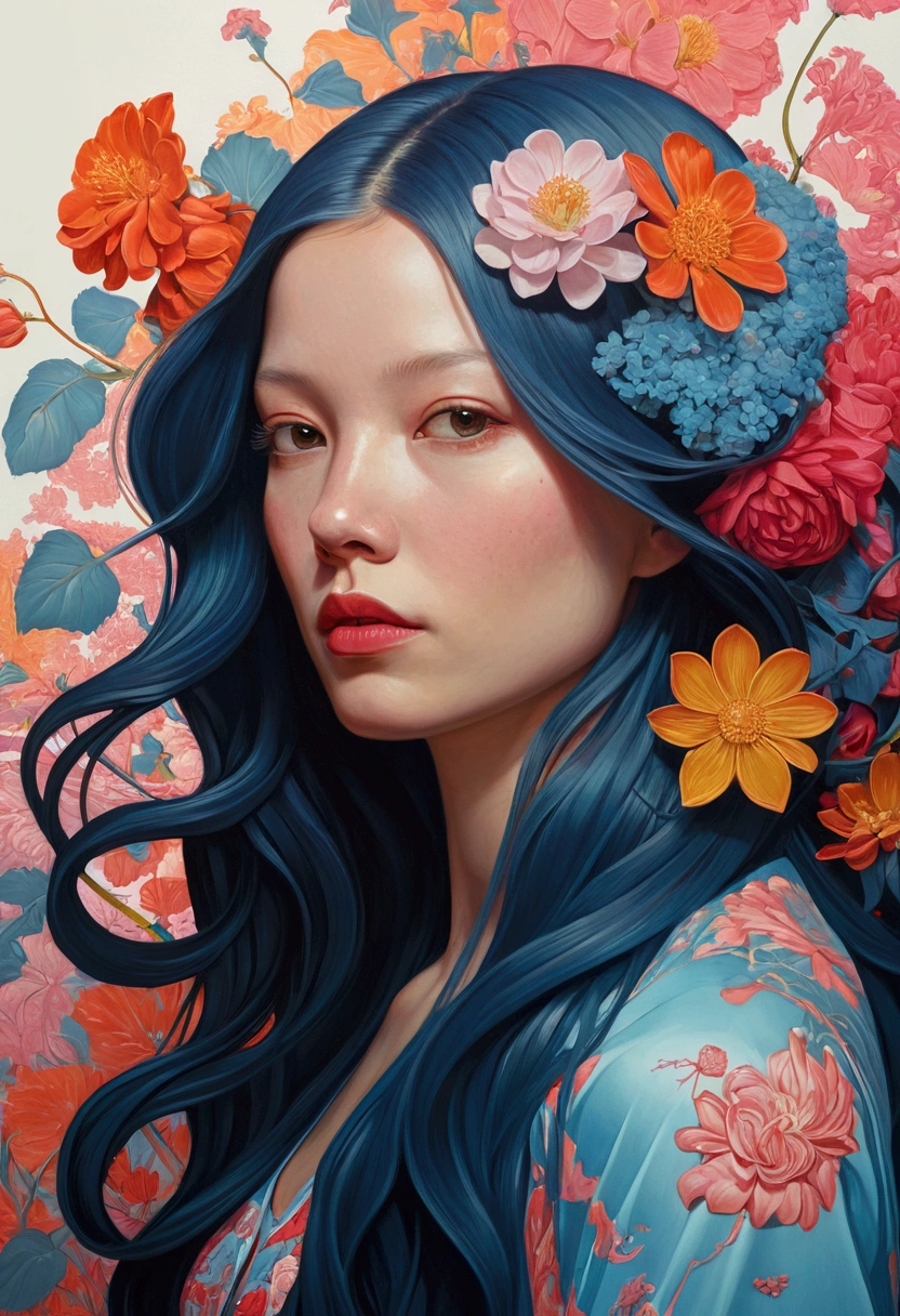 Painting of a woman with long hair and flowers, Ultra-fine detailed paintings inspired by James Jean, Reddit, neo-fauvism, James Jean and Petra Cortright, James Jean Mark, JamesJean」, James Jean Andrey Ryabovitchev, Kilian Eng: Vivid Colors, James Jean Soft Light 4K, Kilian Eng: Vivid Colors