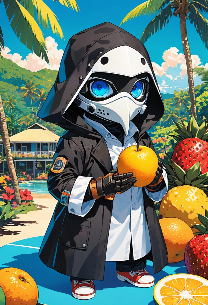 (masterpiece, best quality:1.1), (ultra highres, ultra-detailed:1.2),pop-art style,flatcolor, ((The boy is sitting and eating tropical fruits)),(in tropical resort,hawaii,bluesky), BREAK chibi-boy,(male Mad-scientist),(wearing plague-doctor costume,white beak-mask),eyes glow blue,black hood,black lab-coat, mecha arm,