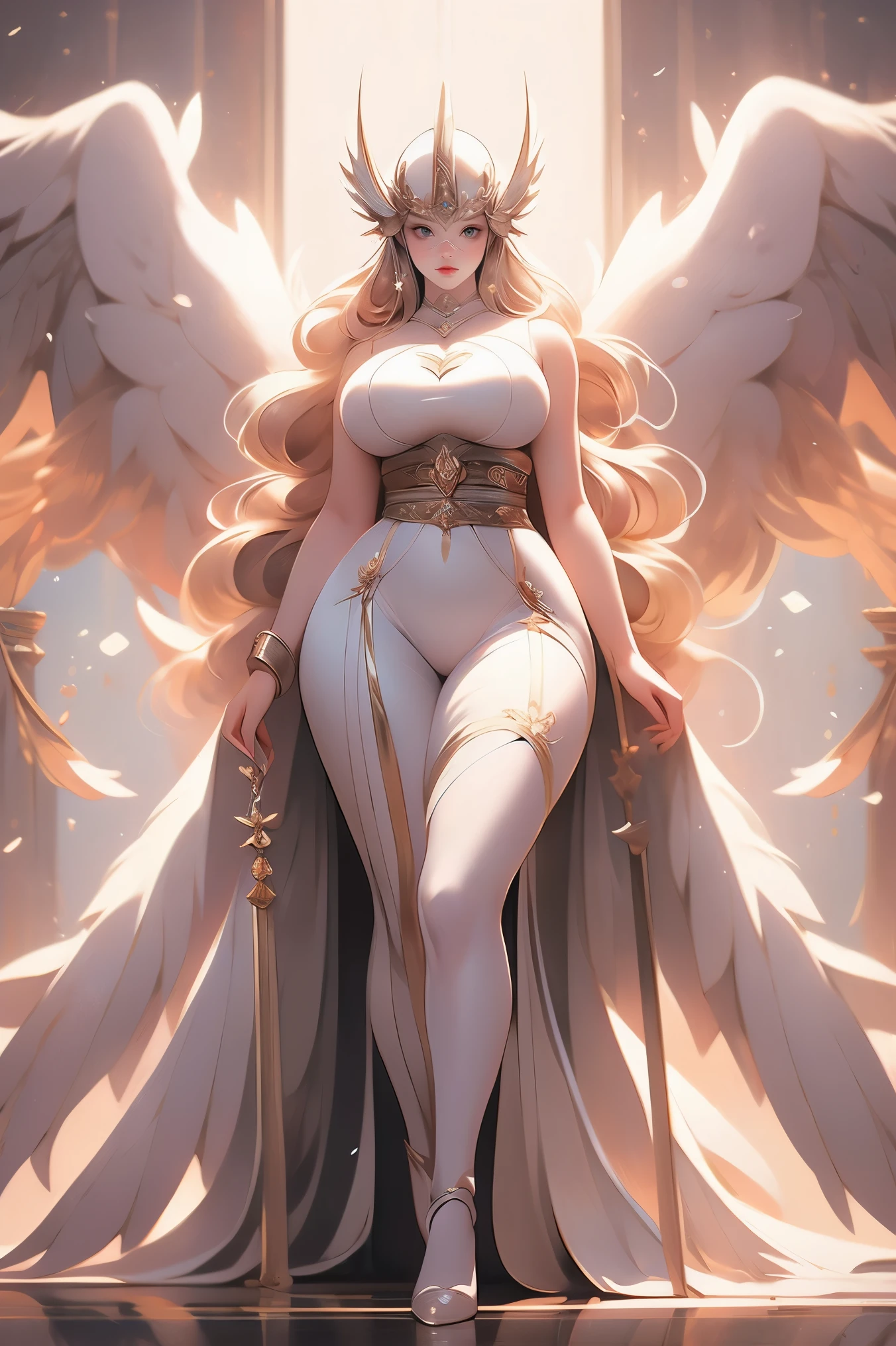 Angewomon，1girll，Beautiful body, huge breast curvy, thicc, full body,woman-medieval-clothes, long skirt, robe, long dress, pullover