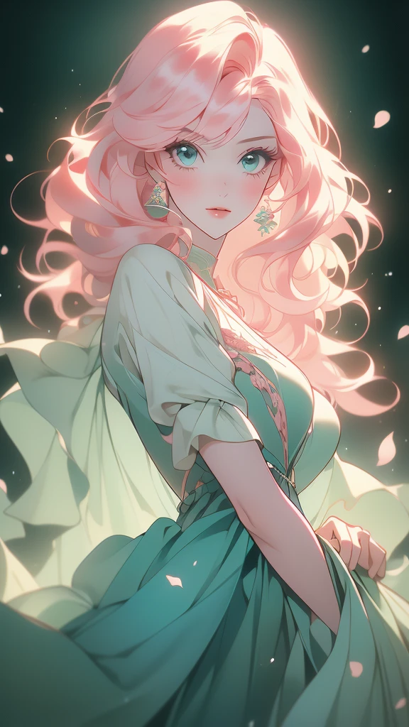 a stylized art of a woman in a pretty dress with hair, 1girl, solo, jewelry, earrings, eyes, looking at viewer, mole, black background, hair,((layered hair)), (((raised hair ends))), (((hair ends up))), ((( hair))), (((straight hair))) (long pointed bangs), (loose hair), (((short hair))),((short wavy hair)),(risheirmgardweitzner,pink_hair,aqua_eyes,:1.2),