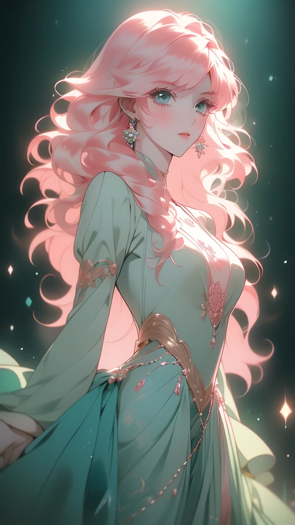 a stylized art of a woman in a pretty dress with  hair, 1girl, solo, jewelry, earrings,  eyes, looking at viewer, mole, black background,  hair,((layered hair)), (((raised hair ends))), (((hair ends up))), ((( hair))), (((straight hair))) (long pointed bangs), (loose hair), (((short hair))),((short wavy hair)),(risheirmgardweitzner,pink_hair,aqua_eyes,:1.2), 