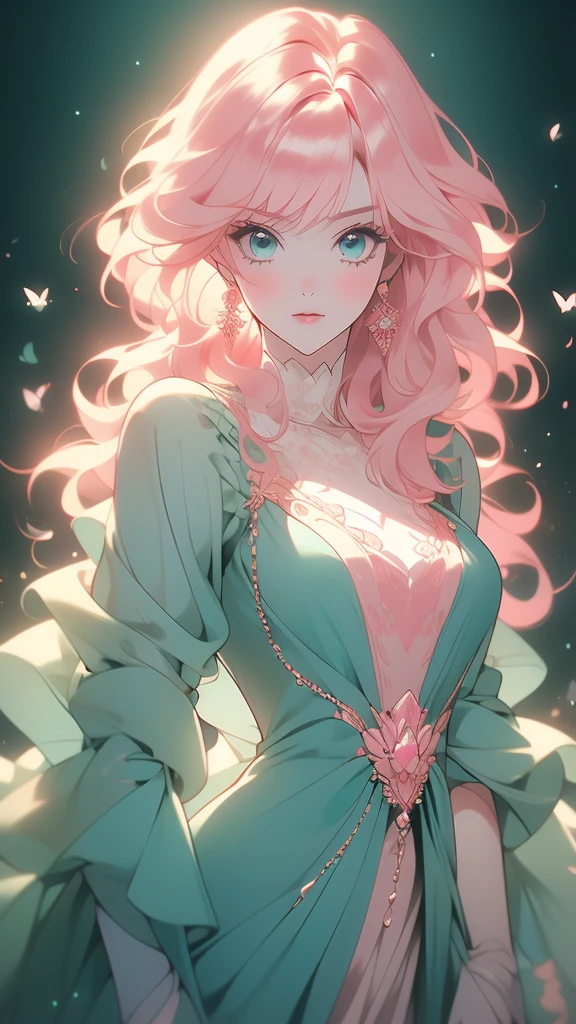 Beautiful woman with long pink hair and green eyes, fair skin and Wearing an elegant blue dress