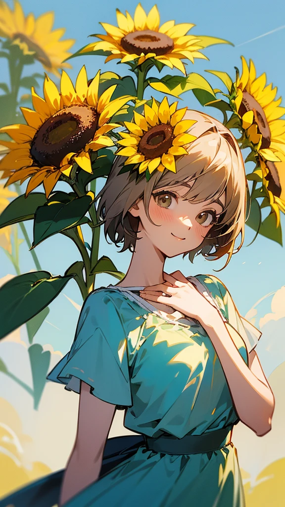 master piece, best quality, for below, cinematic angle, upper body , pigeon toed,
Anime-style Moe illustration, summer vacation theme, 20-year-old 4womans holding a bouquet of sunflowers, short hair,
camisole dress, slightly inner thighs, smile, accurate drawing, Active pose,