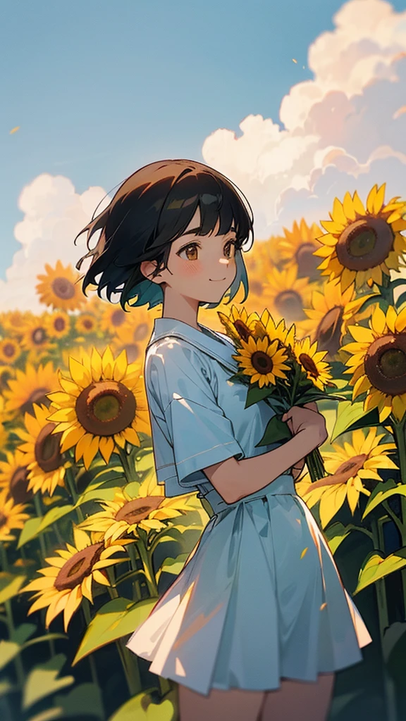 master piece, best quality, for below, cinematic angle, upper body , pigeon toed,
Anime-style Moe illustration, summer vacation theme, 20-year-old 4womans holding a bouquet of sunflowers, short hair, country dress, slightly inner thighs, smile, accurate drawing, Active pose,
