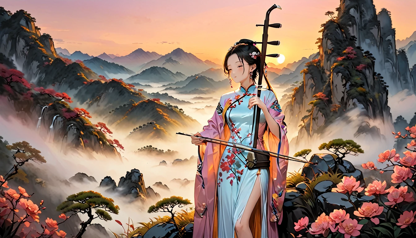 (((From diagonally left behind))), One girl,Playing erhu,Holding an Erhu,(((masterpiece,Highest quality))),((Good structure,Good composition,Good Atomy)), ((clear, original,beautiful)),She is dressed in elegant traditional Chinese clothing, such as a qipao or hanfu which flows beautifully as she plays.The background features a majestic scene of misty Chinese mountains at dawn, with the sky painted in warm hues of orange, pink, and gold, creating a serene and enchanting atmosphere. soft, ethereal lighting enhances the landscape, highlighting the beauty of the moment as the sun rises