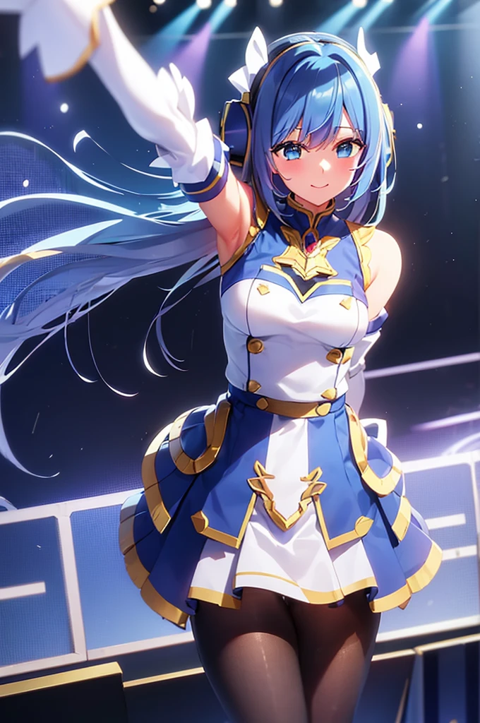 mecha wings、White and blue skirt、Thighs、tights、chest、Twin tails、Blue Hair、1 girl、solo girl、IS、Frame Arms Girl、Alice Gere Aegis、blue armor、income、headphone、hand on own chest、smile、idol woman、idol dress