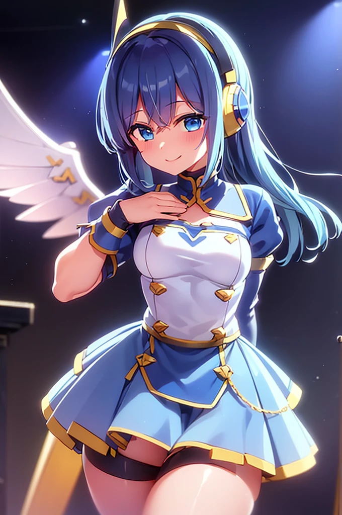 mecha wings、White and blue skirt、Thighs、tights、chest、Twin tails、Blue Hair、1 girl、solo girl、IS、Frame Arms Girl、Alice Gere Aegis、blue armor、income、headphone、hand on own chest、smile、idol woman、idol dress