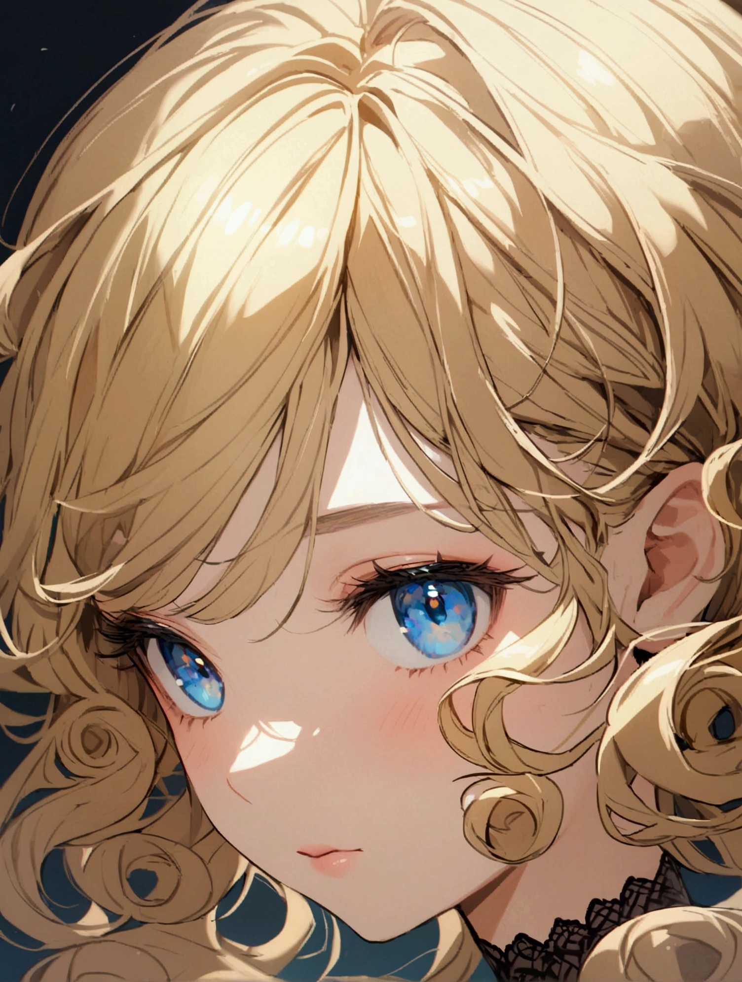 close up of girl with curly blonde hair and blue eyes