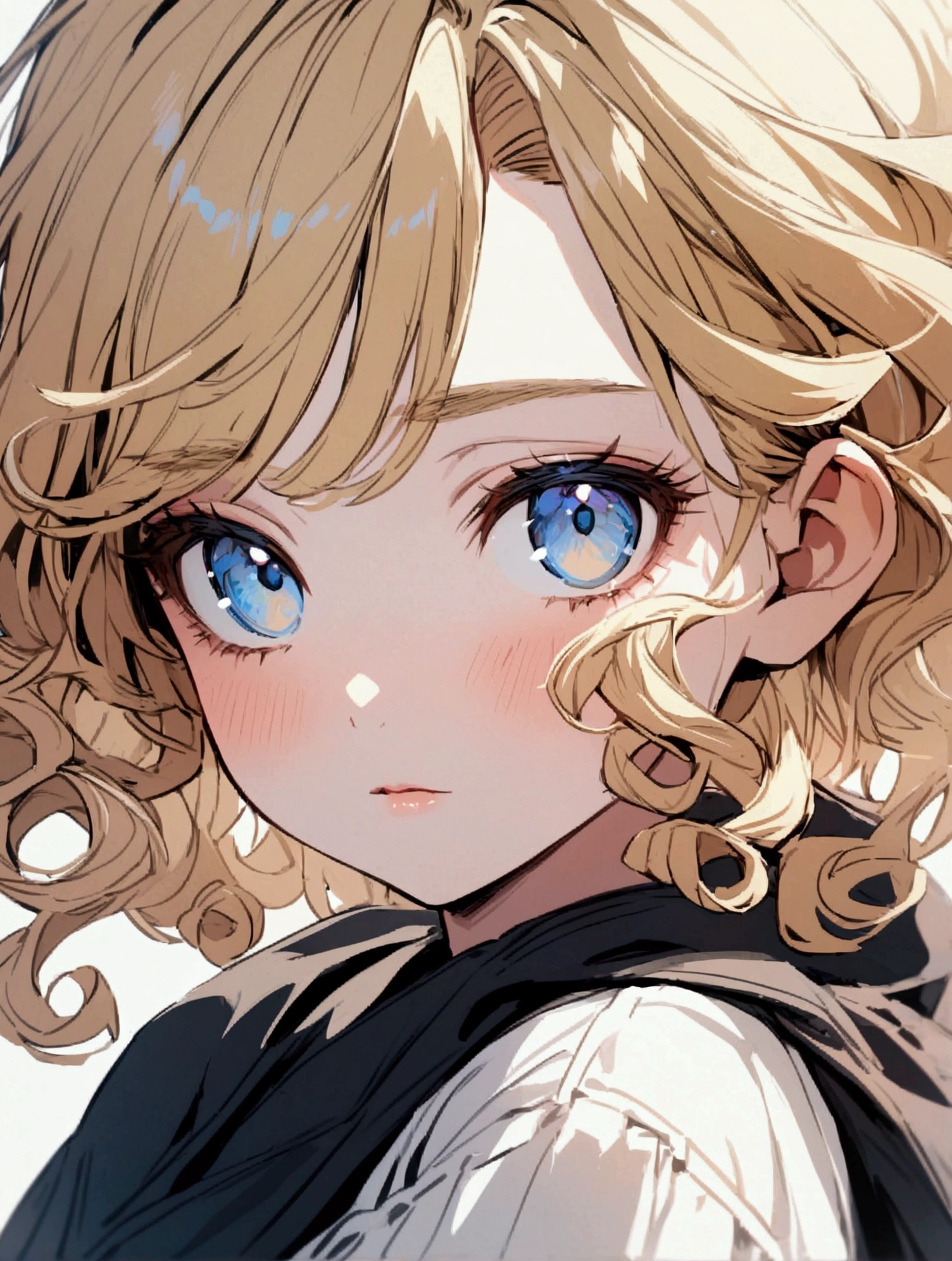 close up of girl with curly blonde hair and blue eyes