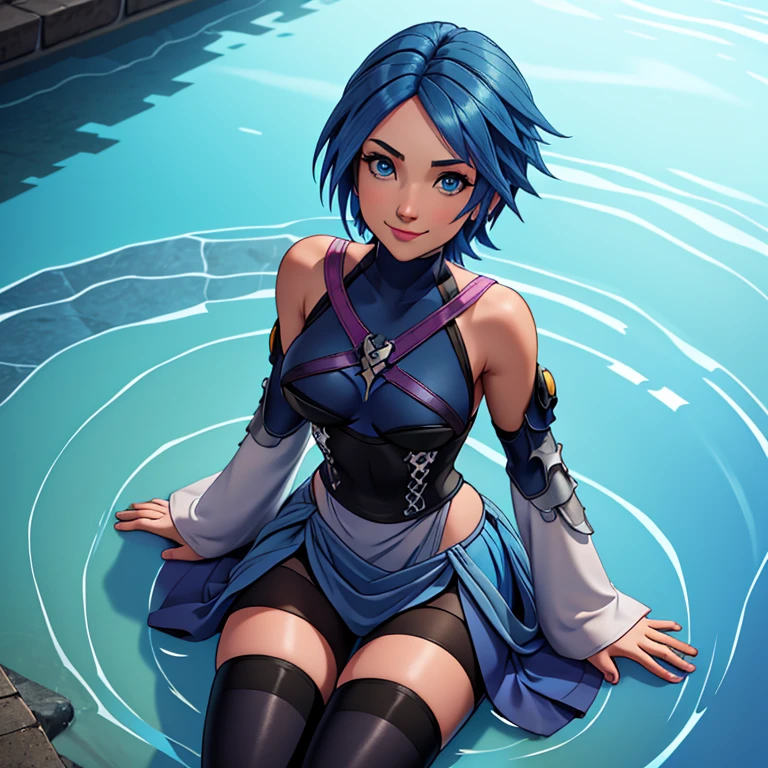 aaaqua, 1girl, absurdres, masterpiece, blue eyes, blue hair, breasts, pink chest strap, elbow gloves, gloves, highres, (skirt), (kingdom hearts), looking at viewer, transparent water floor, smile, solo, clear sky, open field, empty background, wide sleeves, medium breasts, detatched sleeves, black shorts , fingerless gloves, light background, (thighhighs), sitting on the floor, view from the above, dymanic view