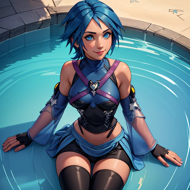 aaaqua, 1girl, absurdres, masterpiece, blue eyes, blue hair, breasts, pink chest strap, elbow gloves, gloves, highres, (skirt), (kingdom hearts), looking at viewer, transparent water floor, smile, solo, clear sky, open field, empty background, wide sleeves, medium breasts, detatched sleeves, black shorts , fingerless gloves, light background, (thighhighs), sitting on the floor, view from the above, dymanic view