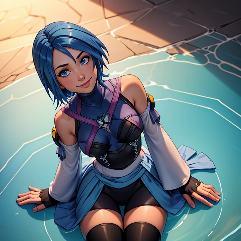 aaaqua, 1girl, absurdres, masterpiece, blue eyes, blue hair, breasts, pink chest strap, elbow gloves, gloves, highres, (skirt), (kingdom hearts), looking at viewer, transparent water floor, smile, solo, clear sky, open field, empty background, wide sleeves, medium breasts, detatched sleeves, black shorts , fingerless gloves, light background, (thighhighs), sitting on the floor, view from the above, dymanic view