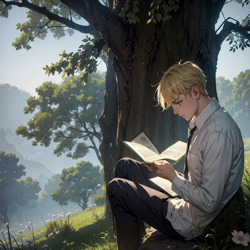 Man with blond hair, wearing , reading a letter, under a tree, mysterious, foggy, scary