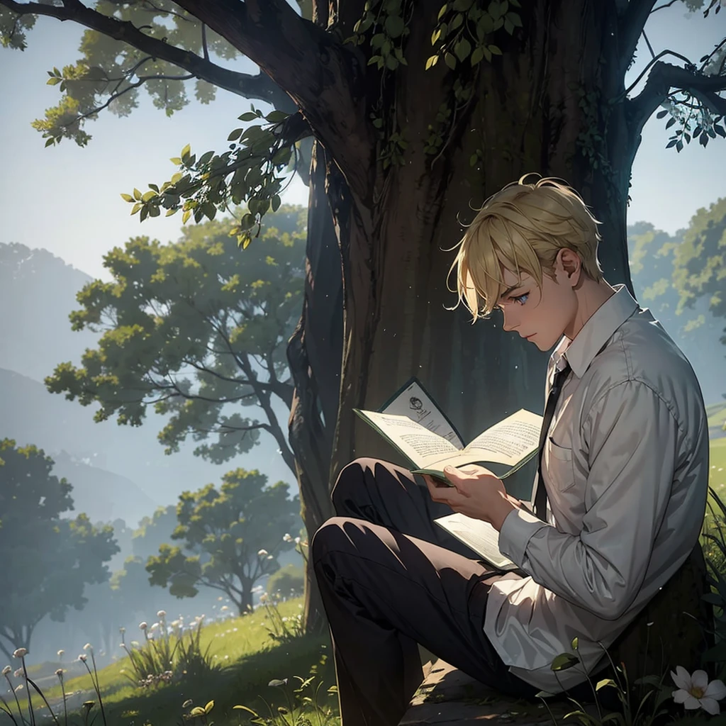 Man with blond hair, wearing , reading a letter, under a tree, mysterious, foggy, scary