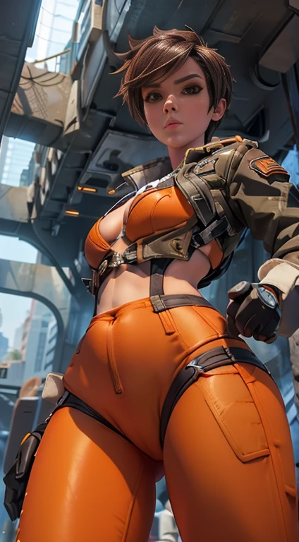 (detailed), (((robot girl))), ((robot)), (Arabic characteristics), ((brown sheepskin jacket)), ((pelo negro rizado free hair)), ((free hair)), (calm face), ((black high boots)), (((whole body))), ((futuristic city without humans)), ((women)), ((only one person)), (At noon), (((exposed crotch and chest))), ((((vagina visible)))), NSFW