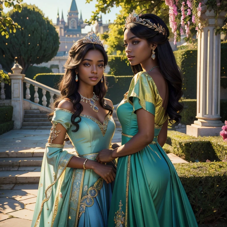 (​masterpiece, best quality:1.5), highest quality, High resolution, super detailed, Realists, Full body photo of a princess, dark skin, detailed and beautiful eyes, beautiful detailed lips, very detailed eyes and face, longeyelashes, Woman in royal dress made of shiny blue and green satin, Beautiful and colorful makeup, elegant and noble々The jewelry bag, Gardens as background, soft daylight, bright colors, fine brushstrokes, Portrait style, Embroidery in fabric, beautiful color palette, glowing skin, First-class rendering, that captures every detail, enchanting atmosphere, subtle shadows and lights, (perfect anatomy:1.2), (Two stunning princesses look flirtatious:1.4), (magnificent panorama view:1.2)