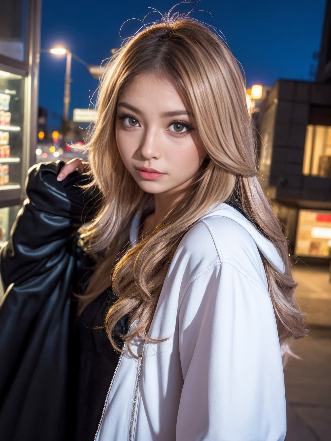 1黒のパーカーを着たGal,Looking down, 横face,  night,moonlight,Exterior lights,Gal, Hooded parka,masterpiece, Highest quality, Realistic, face,, Beautiful girls, cute, Written boundary depth, High resolution, Super detailed, detailed, pale, Sunburned skin,woman,blonde,Platinum Hair,Brown Hair,orange,Wavy Hair,Shortcuts,building,intersection,stage,Pedestrian bridge,vending machine,night,深night,Blurred Background:1.2