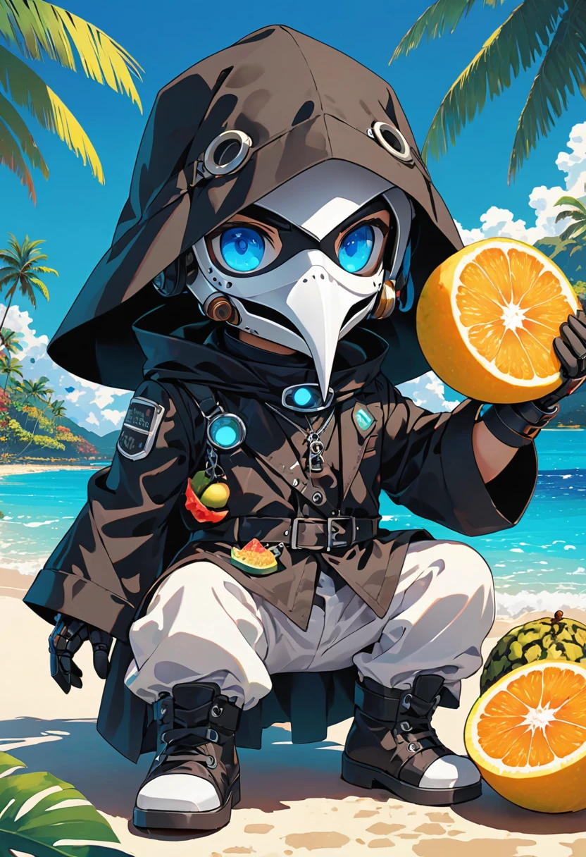 (masterpiece, best quality:1.1), (ultra highres, ultra-detailed:1.2),pop-art style,flatcolor, ((The boy is sitting and eating tropical fruits)),(in tropical resort,hawaii,bluesky), BREAK chibi-boy,(male Mad-scientist),(wearing plague-doctor costume,white beak-mask),eyes glow blue,black hood,black swimsuit, mecha arm,