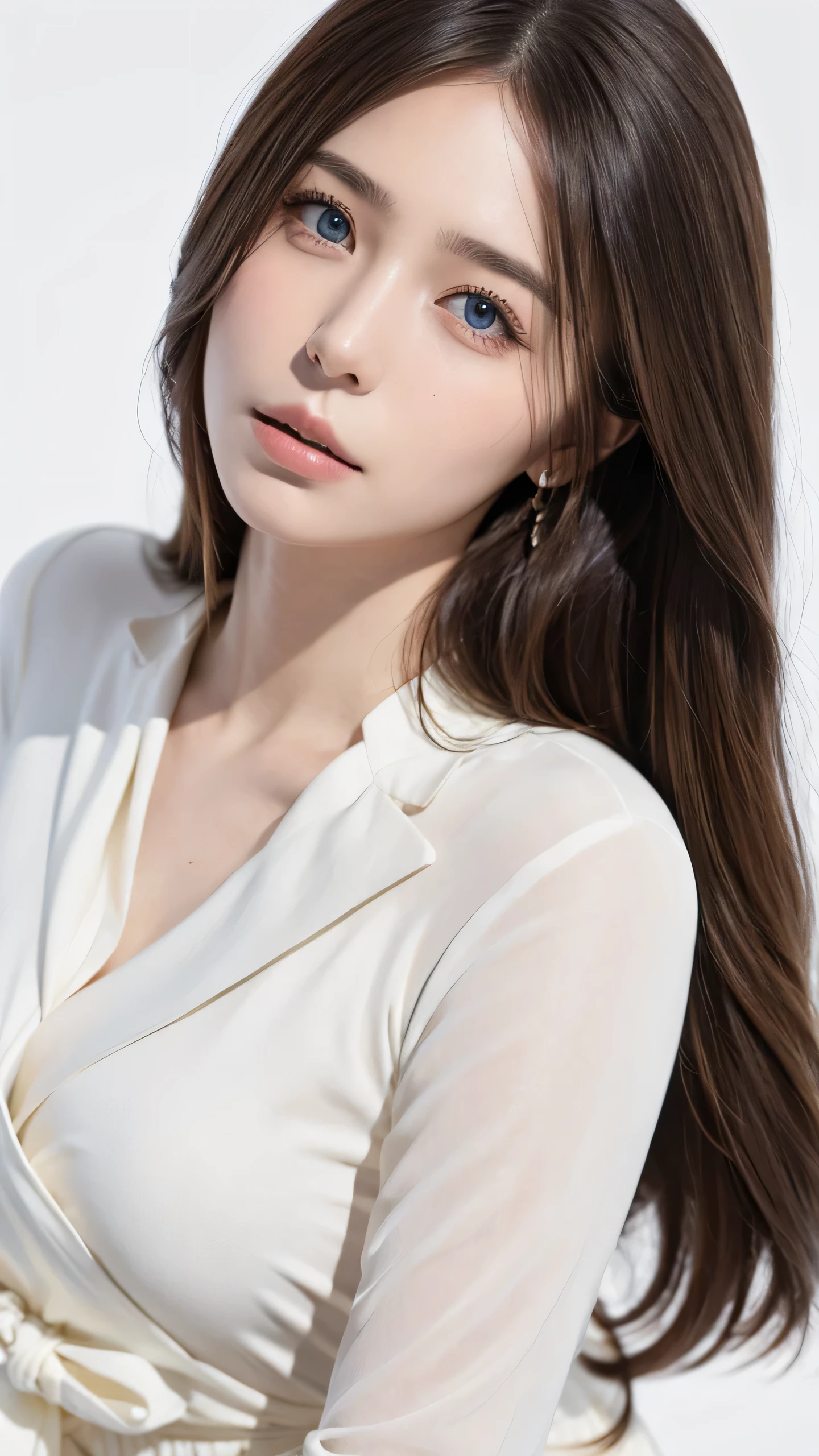 Highest quality, masterpiece, Ultra-high resolution, (Realistic:1.4), RAW Photos,One Girl, Brown Hair,Semi-long hair,Great style,Black suit,Detailed eyes,Heterochromia iridis,Realistic,Plain background,Focus on the face
