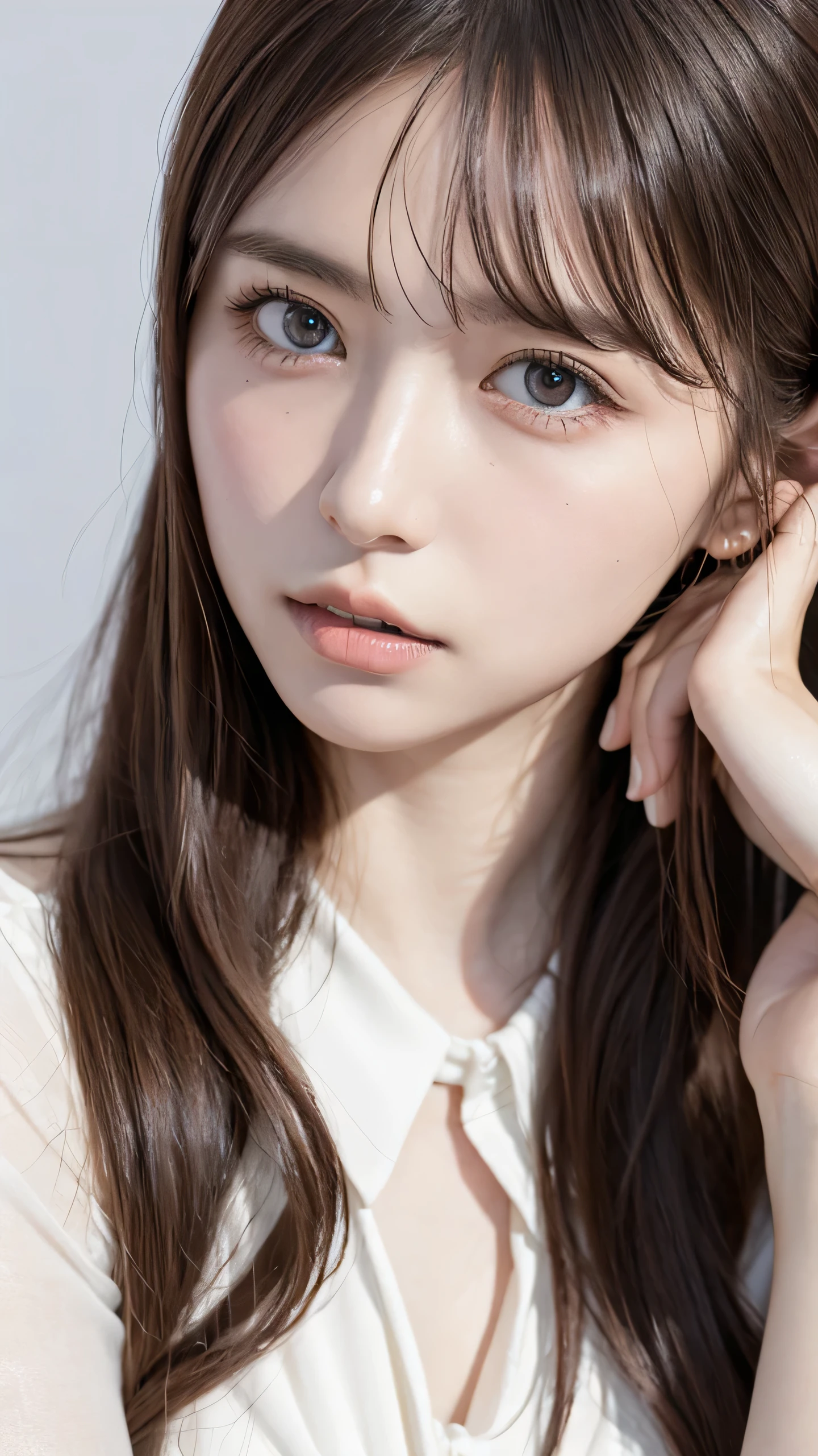 Highest quality, masterpiece, Ultra-high resolution, (Realistic:1.4), RAW Photos,One Girl, Brown Hair,Semi-long hair,Great style,Black suit,Detailed eyes,Heterochromia iridis,Realistic,Plain background,Focus on the face
