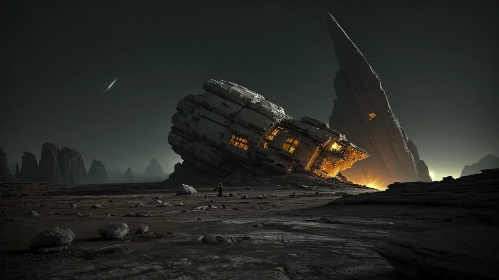 (((masterpiece))) A futuristic spaceship has crashed on the earth of a rocky alien planet, the ship has visible damage from the impact. The astronaut in the orange suit and white helmet is standing to the side of the scene in the foreground, with his back turned, observing his shattered ship. The planet lacks vegetation, there are only rocks and stones, it is nighttime, it is a barren and dark landscape (soft lighting)