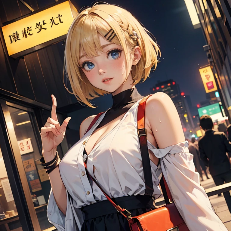 No sleeve,Sweaty,A perfect smile, (Perfect Anatomy, Anatomically correct, Highly detailed skin), Cute and symmetrical face, Perfect Face, Perfect Eyes, Perfect Fingers, Five Fingers, ((Hairstyle,Inner Color,blonde,Bobcut,hairpin)),Open-chested clothing,Downtown at night,((Shoulder bag,Hang at an angle)),(((whole bodyの描写,whole body))),Large Breasts
