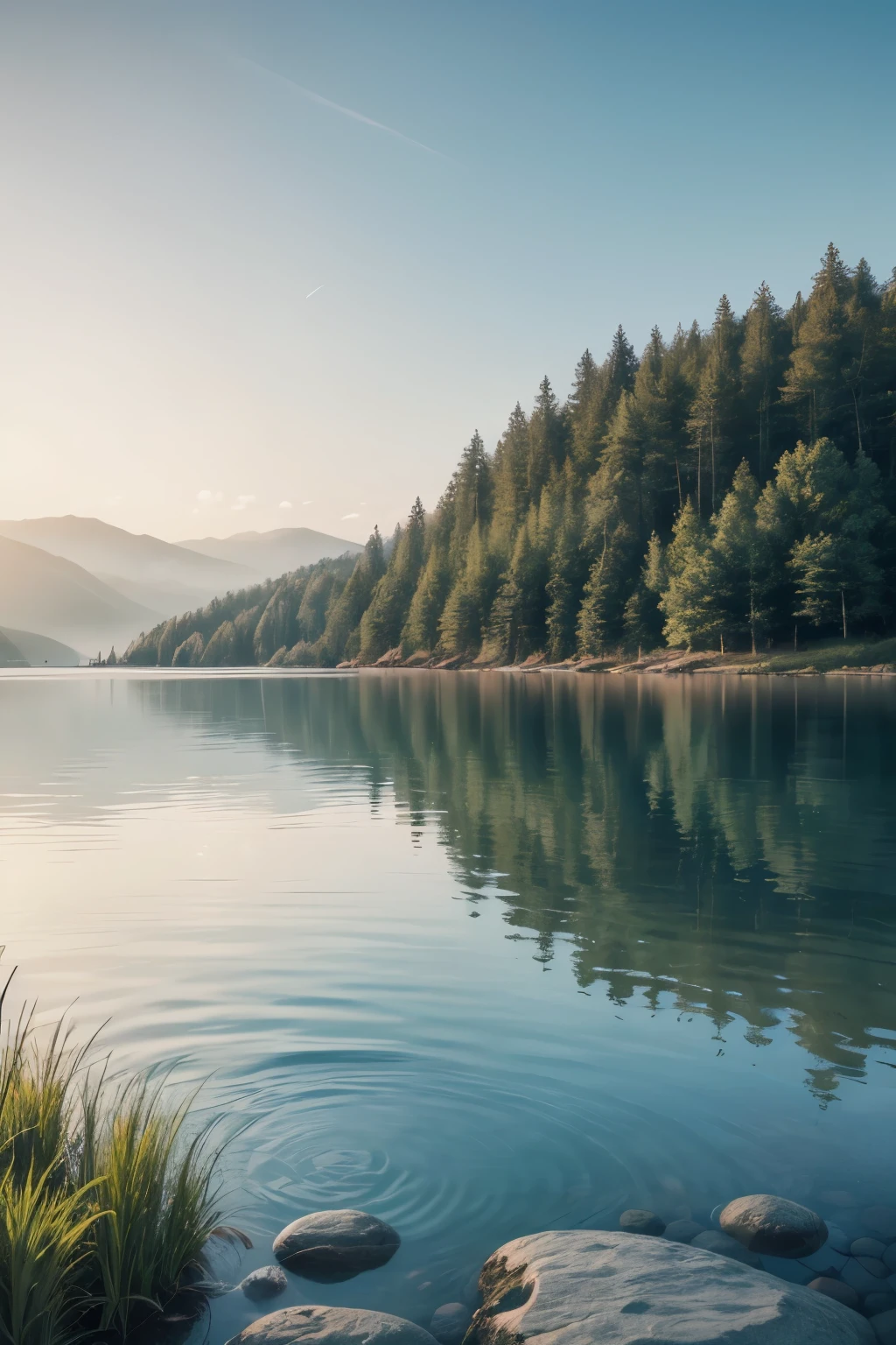Create an image that evokes a deep sense of peace, tranquility, and calm. Use soft, soothing colors like blues and greens. Include elements of nature such as serene landscapes, gentle waves, and calm skies. The overall composition should be minimalist, promoting a feeling of relaxation and well-being.