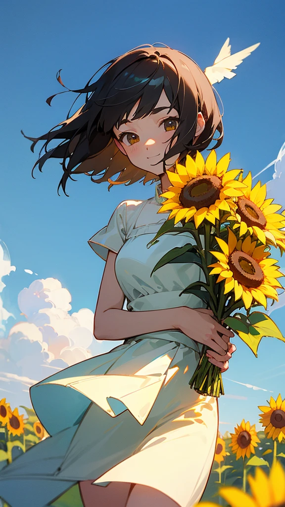 master piece, best quality, for below, cinematic angle, upper body , pigeon toed,
Anime-style Moe illustration, summer vacation theme, 20-year-old 4womans holding a bouquet of sunflowers, short hair, country dress, slightly inner thighs, smile, accurate drawing, Active pose,