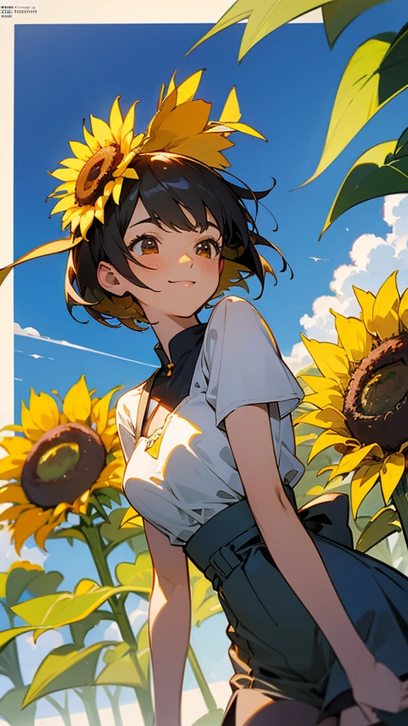  master piece, best quality, for below, cinematic angle, upper body , pigeon toed,  
Anime-style Moe illustration, summer vacation theme, 20-year-old 4womans holding a bouquet of sunflowers, short hair, country dress, slightly inner thighs, smile, accurate drawing, Active pose,