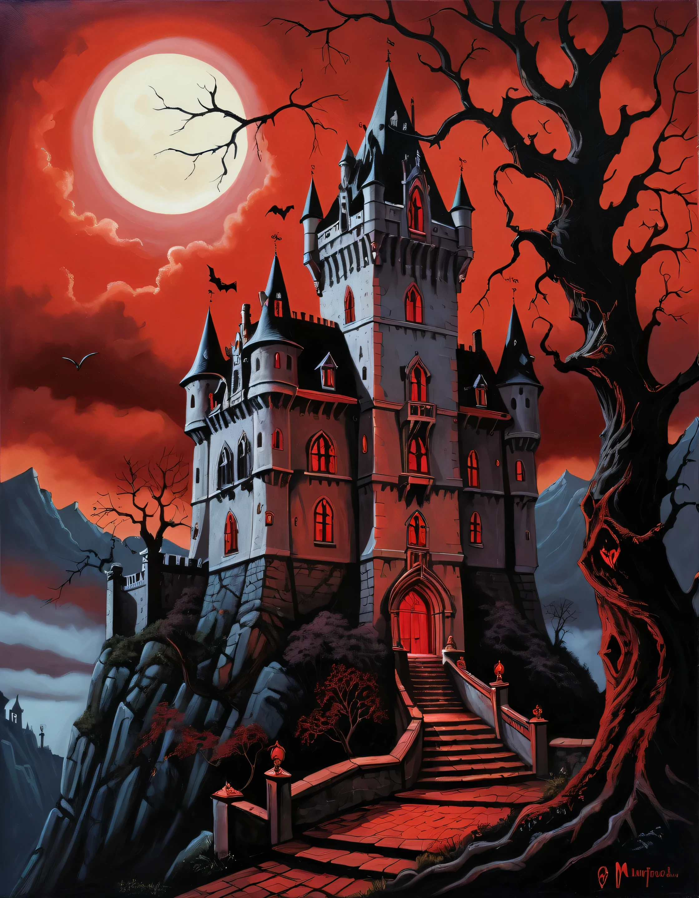 painting of a castle in a red sky with a tree, an acrylic painting inspired by Mike Mignola, cg society contest winner, gothic art, blood temple, gothic painting, red eerie sky, gothic atmosphere, the munster in the background, dark fantasy oil painting, vibrant but dreary red, gothic horror vibes, southern gothic art, red skies