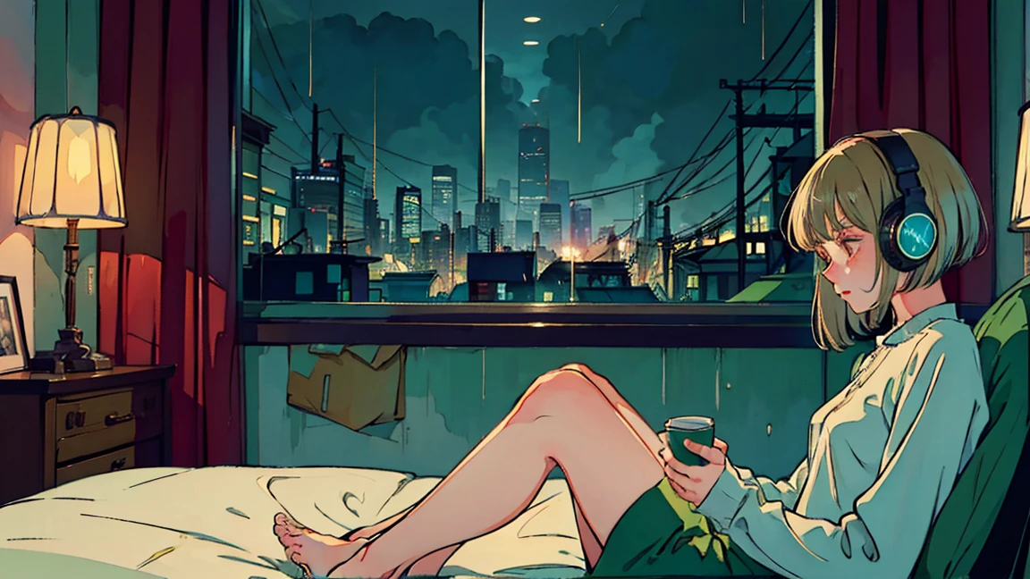 Lofi Song, Sit on the bed. Looking out the window, Drink coffee. Listening to music through headphones, Looking out the window and seeing the rain falling