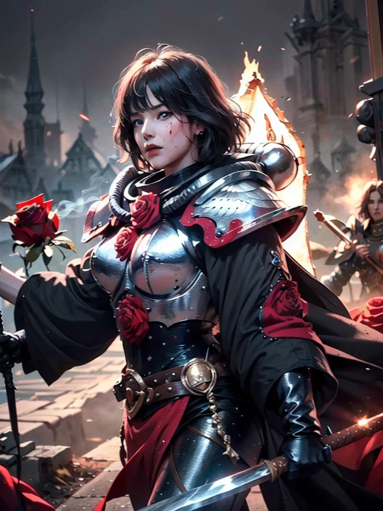 (1girl :1.3),portrait, Christina Chong beautiful face, narrowed eyes. smirk. black braided hair with narrowed eyes,, sister of battle, holding sword, dark background,(red blood rose armor:1.5), (hdr:1.4), high contrast, (cinematic:0.85), (muted colors, dim colors, soothing tones:1.3), low saturation, smoke,shining sword,cluster amaryllis,wind,dragon loong spirit behind,perfect anatomy, centered, approaching perfection, (athletic female), detailed face, short hair, white hair, bangs, feminine, nice breasts, beautiful detailed girl, extremely detailed fingers, cute, young, mature face, realistic face, realistic body,armour, adepta sororitas