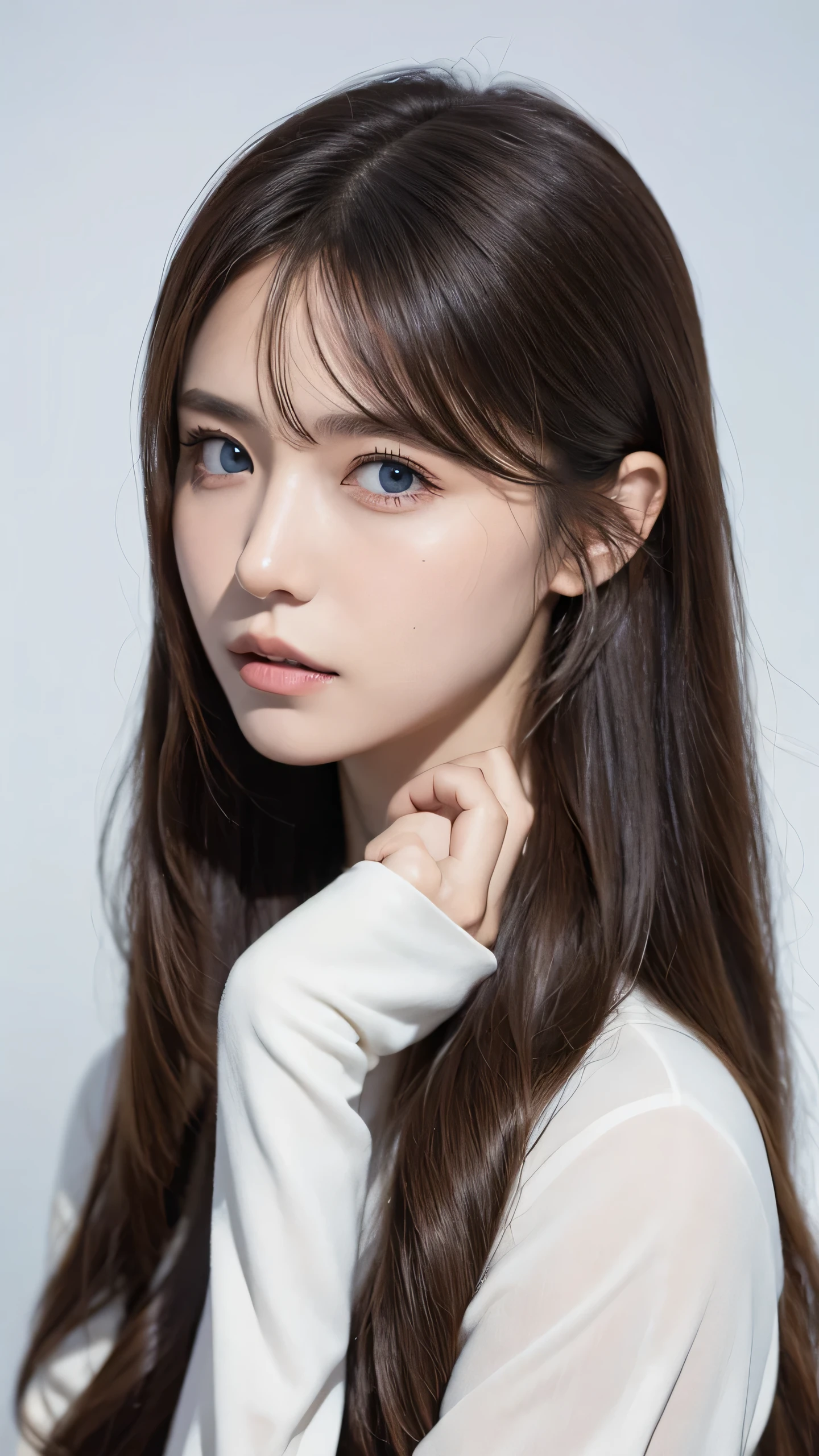 Highest quality, masterpiece, Ultra-high resolution, (Realistic:1.4), RAW Photos,One Girl, Brown Hair,Semi-long hair,Great style,Black suit,Detailed eyes,Heterochromia iridis,Realistic,Plain background,Focus on the face